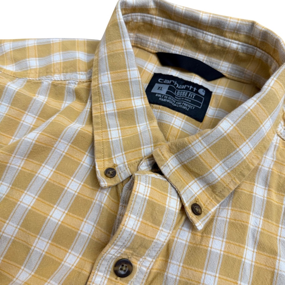 Carhartt Mens XL Loose Fit Short Sleeve Plaid Button Down Yellow 104625-Y11
